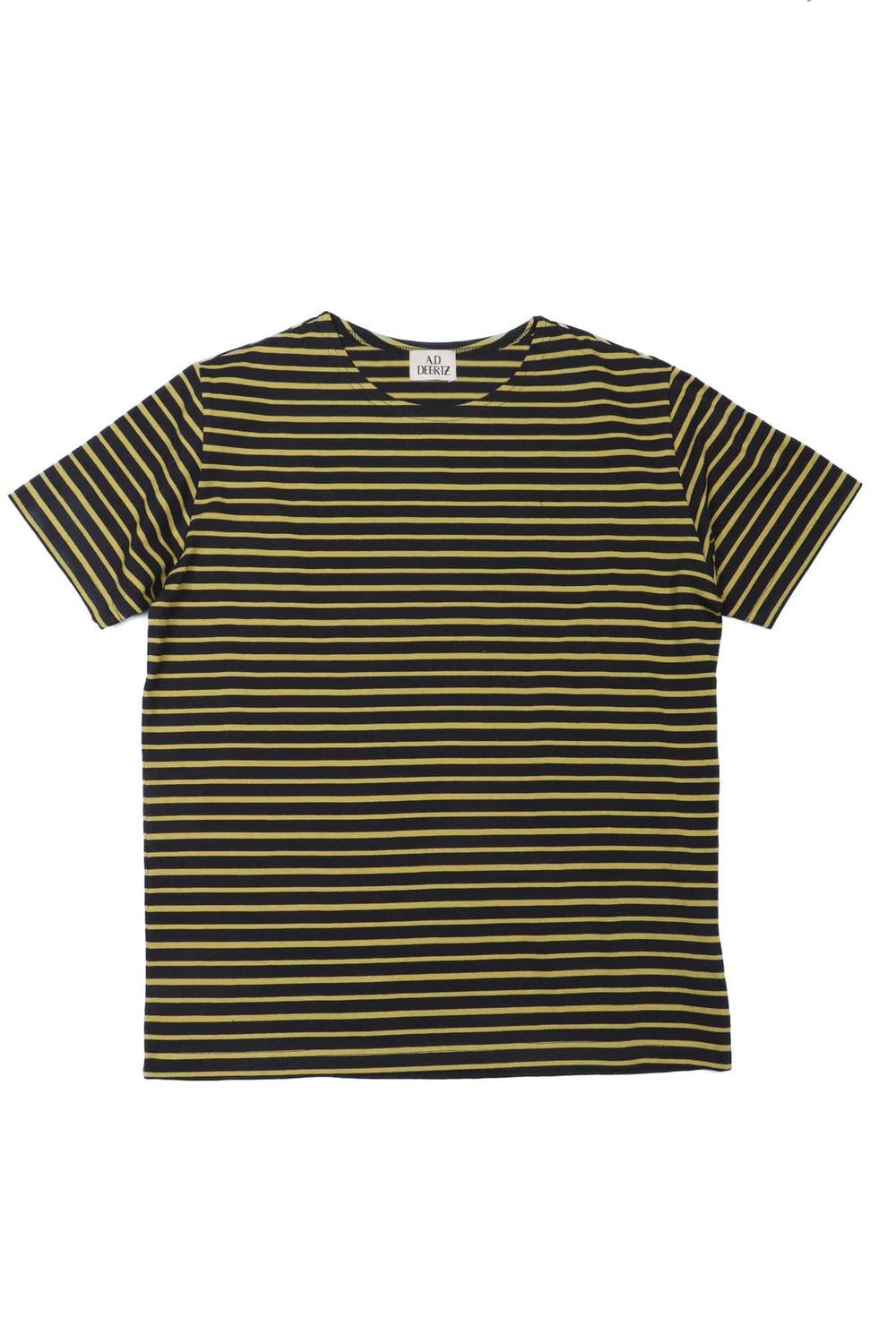 Grass T-Shirt Navy Yellow Stripes featuring classic navy and yellow horizontal stripes, short sleeves, and a crew neckline, crafted for stylish menswear and slow fashion enthusiasts.