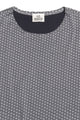 Close-up of a gray and white patterned t-shirt with a dark navy inner collar and a visible neck label reading 'AD DEEIZ'.