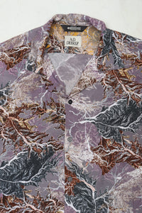 Wakame Shirt Abstract Leaves Print Purple featuring a floral grey pattern with intricate leaf designs, crafted with Italian overstock fabric by independent Berlin menswear brand A.D.Deertz.