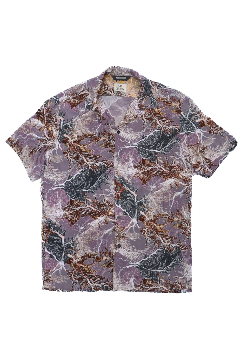 Wakame Shirt Abstract Leaves Print Purple men's short-sleeve shirt featuring a floral grey pattern with avant-garde, Italian overstock fabric in a versatile Berlin menswear design.