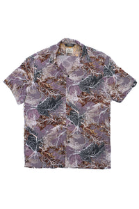 Wakame Shirt Abstract Leaves Print Purple men's short-sleeve shirt featuring a floral grey pattern with avant-garde, Italian overstock fabric in a versatile Berlin menswear design.