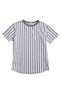 Cypress T-Shirt Grey / White Stripes featuring vertical white and grey stripes, stretchable fabric, and a classic crew neck, designed as a versatile unisex piece for timeless menswear style.