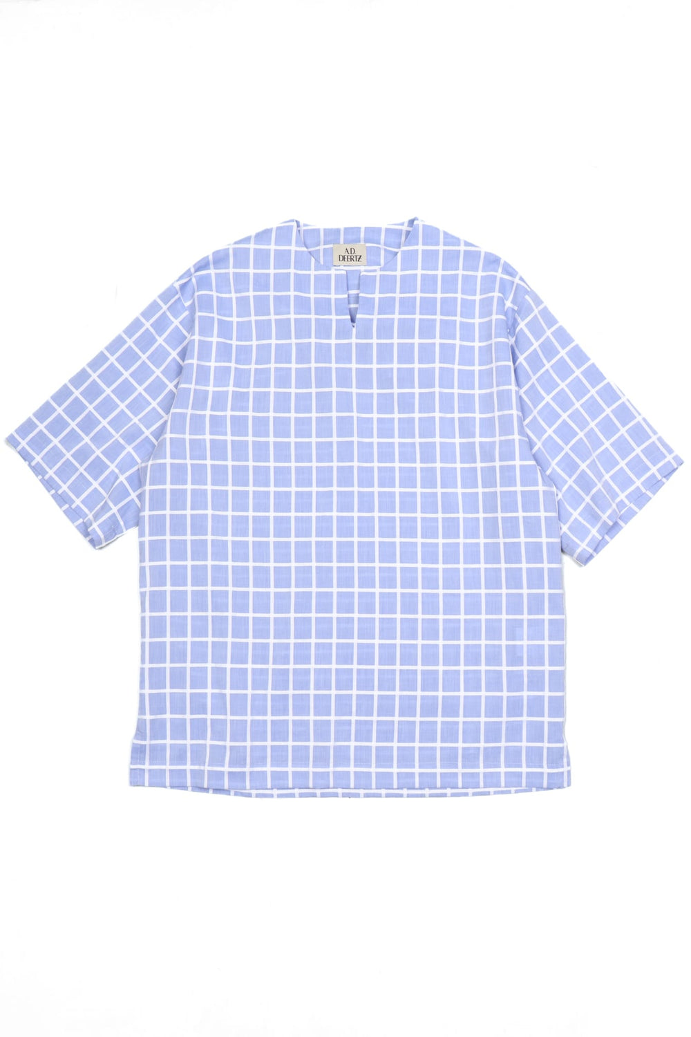 Baobab T-Shirt Blue / White Checks featuring a blue and white checkered pattern, short sleeves, and a minimalist cut, crafted from Italian luxury overstock fabric for lasting wear.