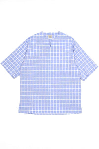 Baobab T-Shirt Blue / White Checks featuring a blue and white checkered pattern, short sleeves, and a minimalist cut, crafted from Italian luxury overstock fabric for lasting wear.