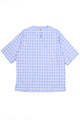 Baobab T-Shirt Blue / White Checks featuring a blue and white checkered pattern, short sleeves, and a minimalist cut, crafted from Italian luxury overstock fabric for lasting wear.