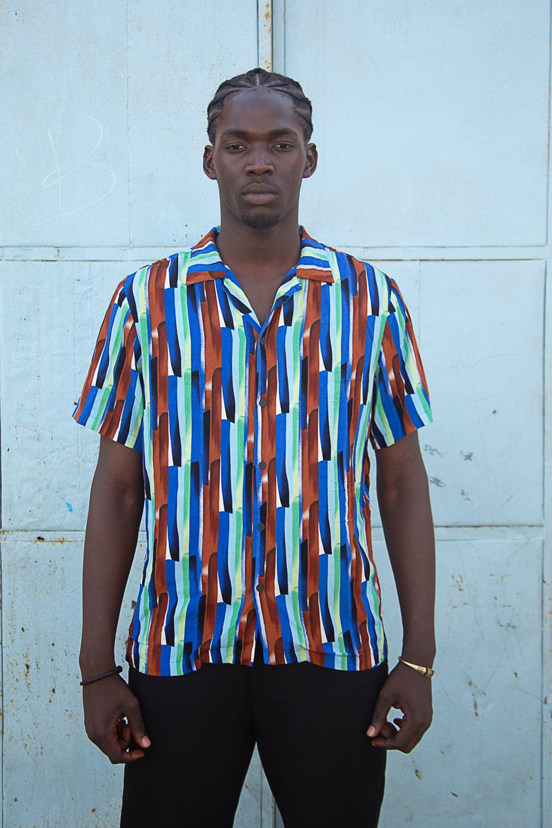 Wakame  Shirt Blue Brown Lines