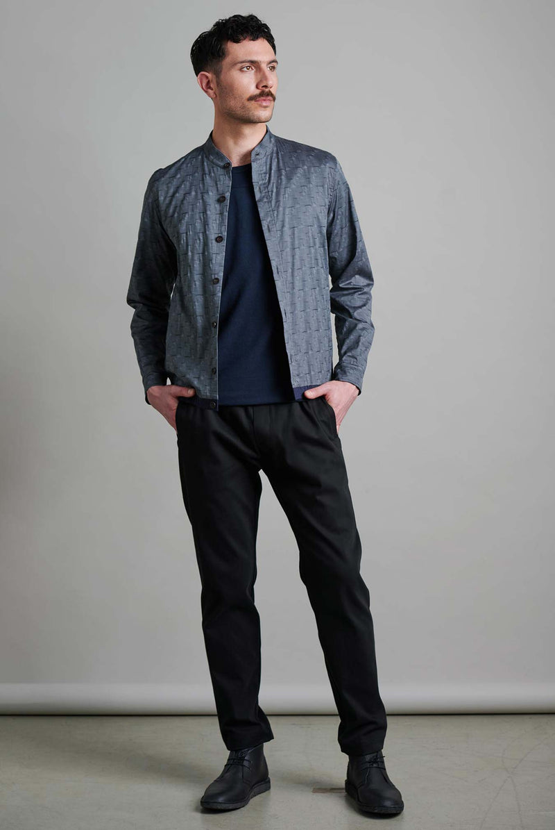Green Grey   Shirt-Jacket with band collar Very fine woven pattern that creates an illusion of a 3-D structure