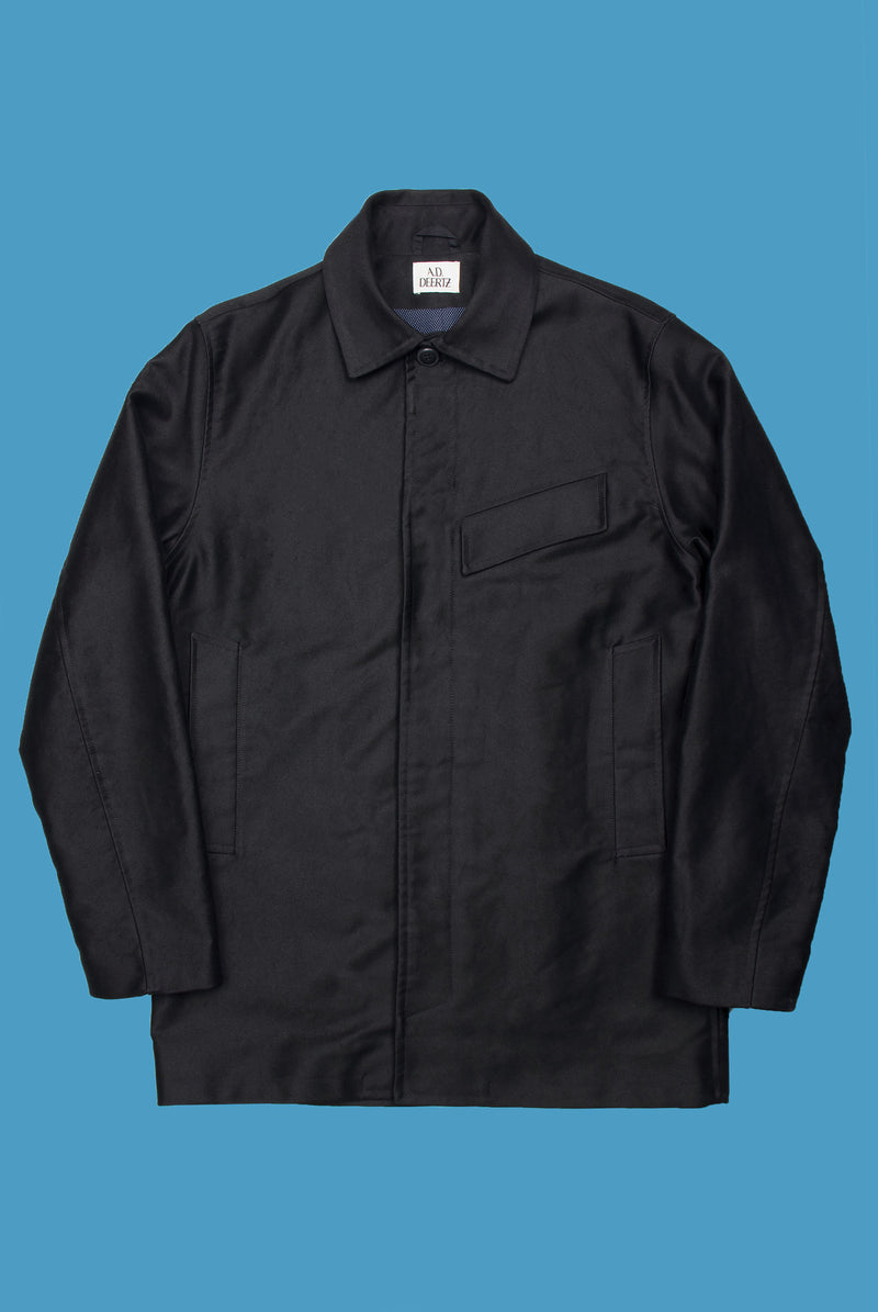 Black marine style coat Teflon coated moleskin fabric Water and dust repellent ADDeertz menswear berlin