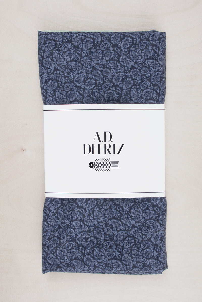 Soft cotton scarf 2 ply printed with a blue paisley pattern ADDeertz Menswear Berlin