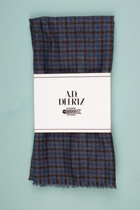 Supersoft navy checked wool  scarf with Fringed ends and  hemmed sides Addeertz menswear Berlin